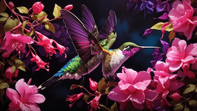 Foto colibrí encantado bebiendo néctar en el abrazo del crepúsculo