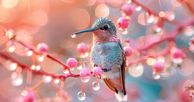 El colibrí espumoso con el rocío en las flores rosadas