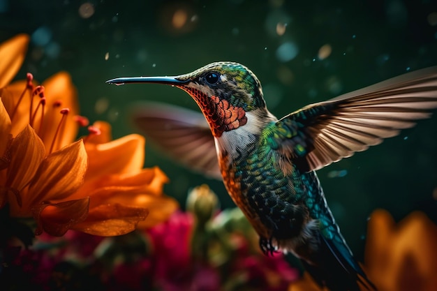 Un colibrí está frente a una flor.