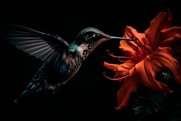 Un colibrí está mirando una flor que es roja.