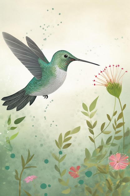 Un colibrí está mirando una flor.
