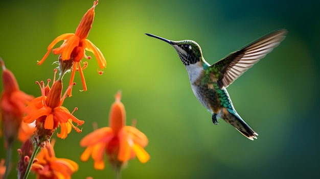 El colibrí está de pie en una flor