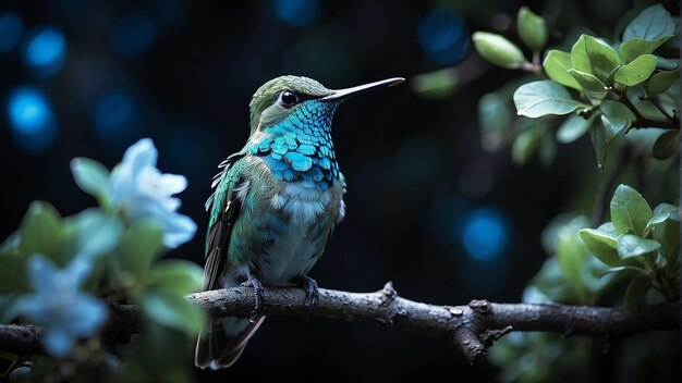 Un colibrí está posado en una rama con hojas verdes y flores blancas en el fondo