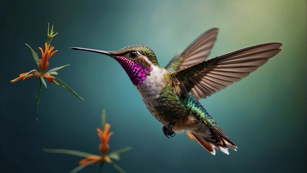 un colibrí está volando cerca de una flor