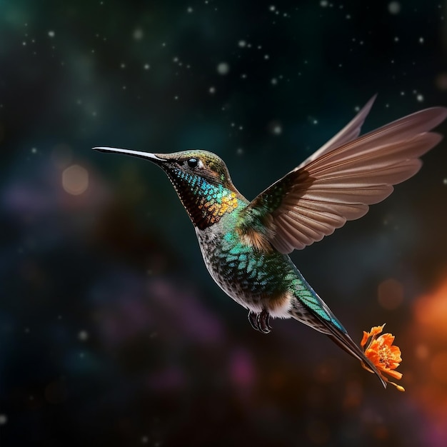 un colibrí está volando en el cielo nocturno con una flor en primer plano.