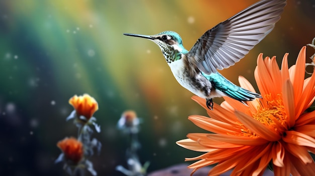 Un colibrí está volando de flor en flor