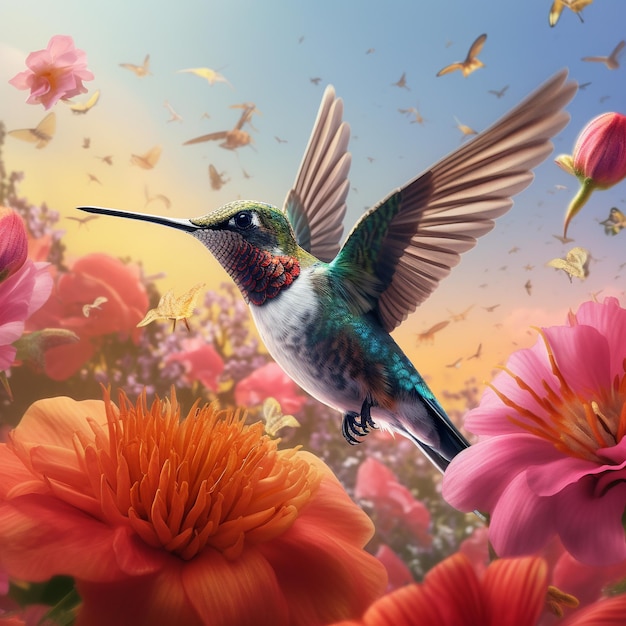 un colibrí está volando sobre algunas flores y la imagen es del artista del artista.