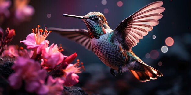 un colibrí está volando sobre algunas flores rosadas.