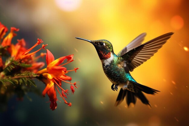 un colibrí está volando sobre una flor con un pájaro en el fondo