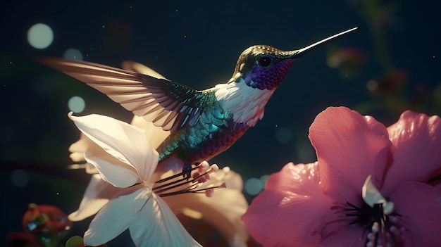 Un colibrí en una flor con un fondo oscuro 4k de alta resolución