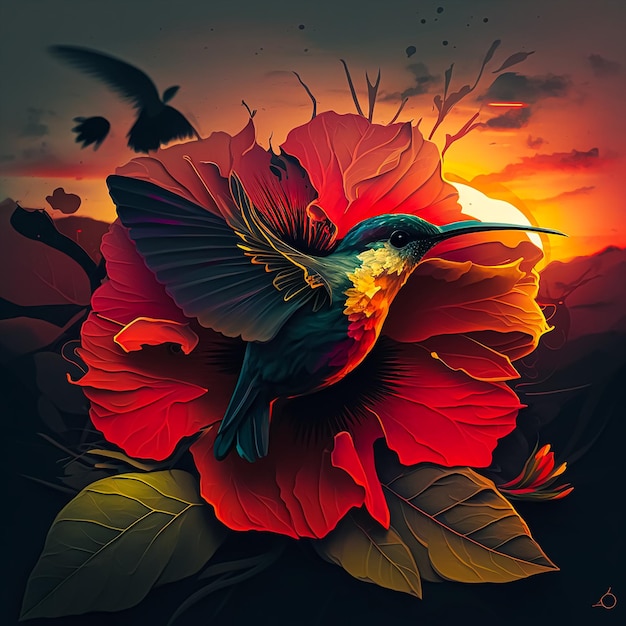 Un colibrí y una flor de hibisco mezclados con un emotivo amanecer. IA generada