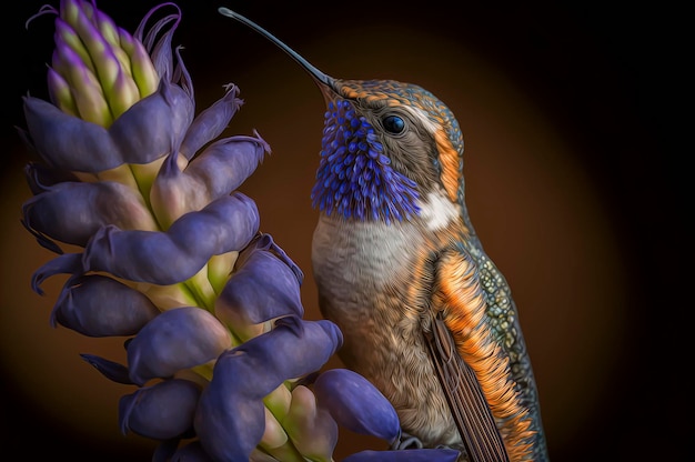 Colibrí con una flor morada en el pico