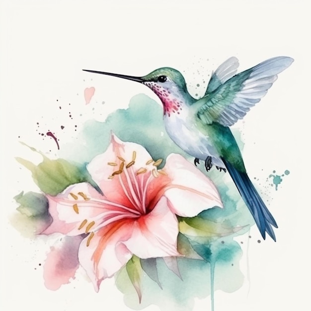 Un colibrí y una flor rosa.