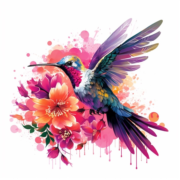 colibrí con flores de colores y toques sobre un fondo blanco ai generativo