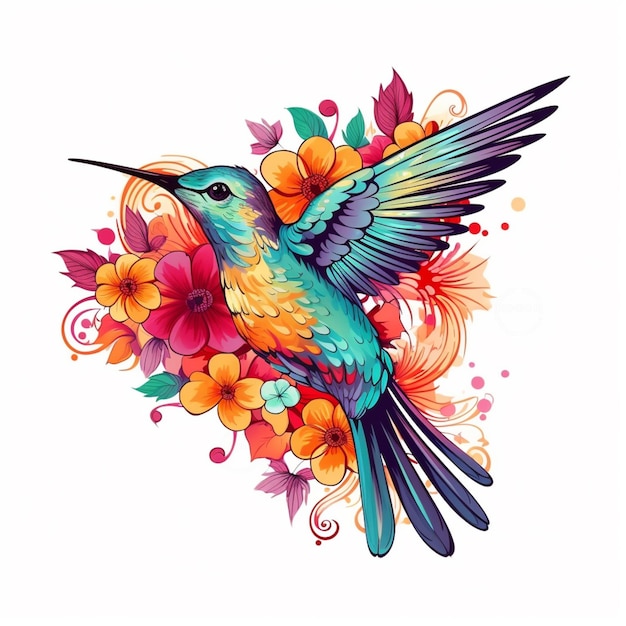 colibrí con flores y hojas en un fondo blanco generativo ai