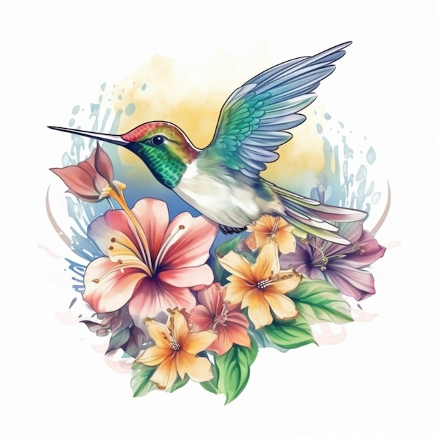 Colibrí con flores y hojas sobre un fondo blanco ai generativo