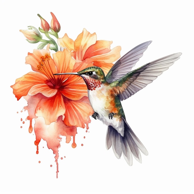 colibrí con flores de naranja y salpicaduras de acuarela en fondo blanco