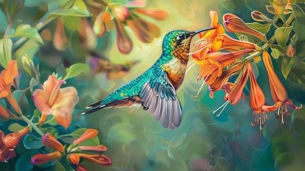 Un colibrí flota cerca de una flor