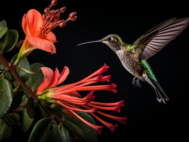 Foto el colibrí flotando alrededor de una cascada de flores coloridas