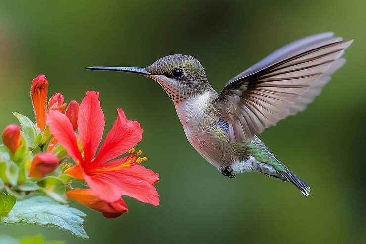 Colibrí flotando cerca de una flor roja vibrante en un jardín exuberante