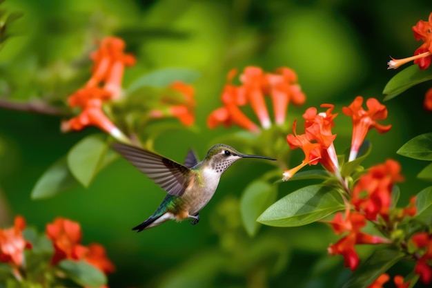 Colibrí flotando junto a una flor roja en la naturaleza creada con tecnología generativa de inteligencia artificial