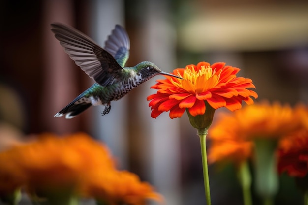 Colibrí flotando sobre una flor para alimentarse creado con inteligencia artificial generativa