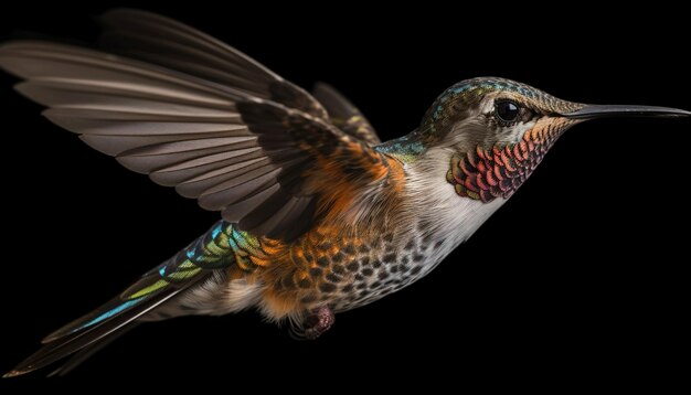 El colibrí flotante extiende alas iridescentes en el aire retrato generado por inteligencia artificial