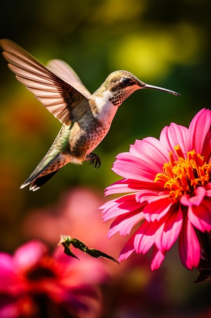 El colibrí de garganta rubí archilochus colubris se alimenta de una flor rosada