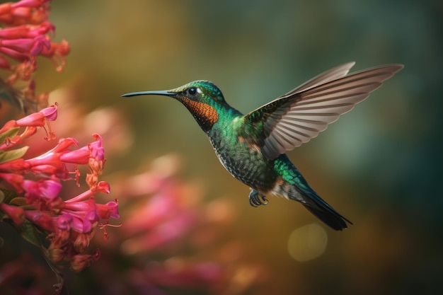 Colibri iridescente em meio às flores exuberantes IA generativa