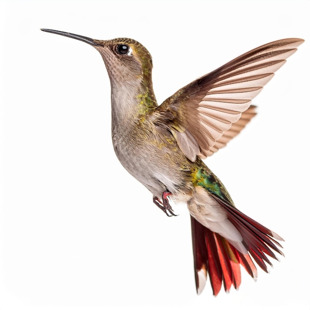 Un colibri levitando aislado sobre un fondo blanco