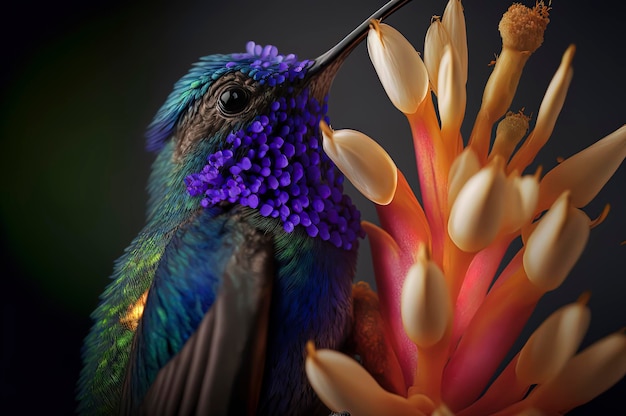 Colibrí lindo púrpura que se alimenta de una flor de jacinto