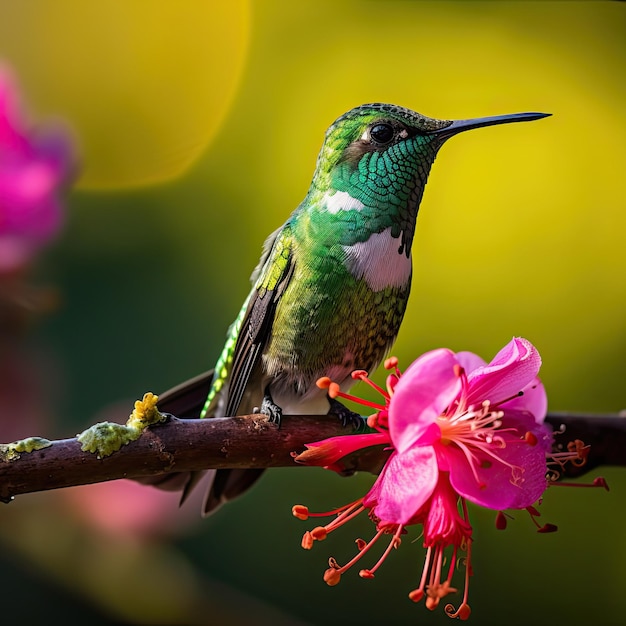 colibrí, pájaro, en, árbol, flores, colorido, plano de fondo, vista lateral