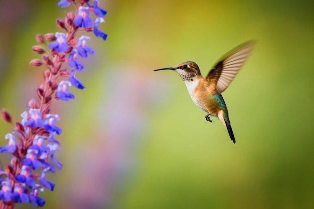 Un colibrí pasa volando junto a una flor morada.