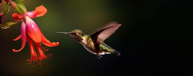 Colibrí con un pico largo Heliodoxa jacula ave flotando cerca de un néctar de flores AI generado