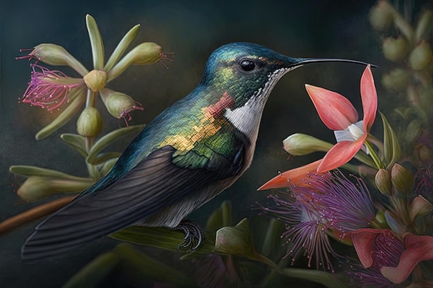 Un colibrí posado en una flor con las delicadas alas y el vibrante plumaje del pájaro capturados en detalle IA generativa