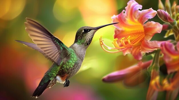 Un colibrí en primer plano flotando cerca de una flor vibrante bebiendo néctar con su delgado pico