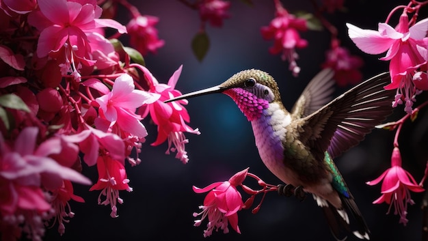 Un colibrí que bebe delicadamente el néctar de vibrantes flores fucsias de color rosa y violeta, sobre un misterioso fondo oscuro.