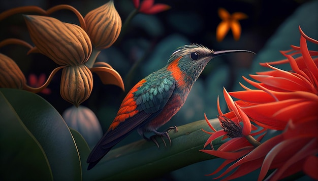 Foto colibrí recoge polen de flores en la selva tropical