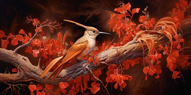 Foto el colibrí rufus come las flores de la crocosmia hermoso pájaro