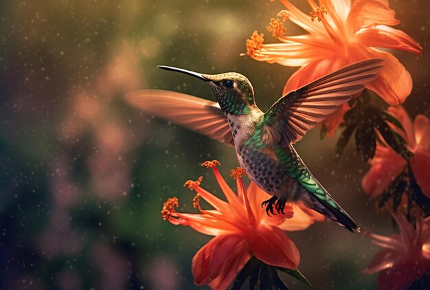 Foto colibrí sabrewing volando hacia una hermosa flor