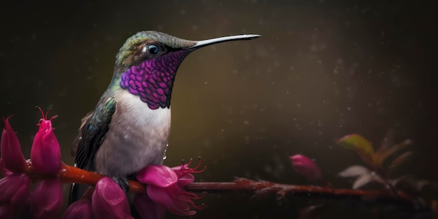 Foto un colibrí se sienta en una rama con flores al fondo.