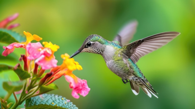 Colibri verde irisado mergulhando o bico em flor com asas borradas