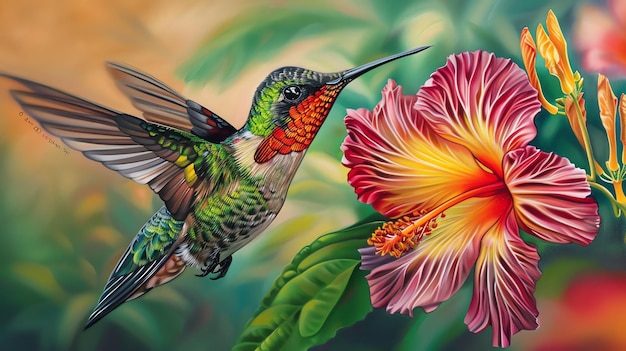 Foto un colibrí vibrante flota cerca de una flor de hibisco su largo pico listo para sorber néctar