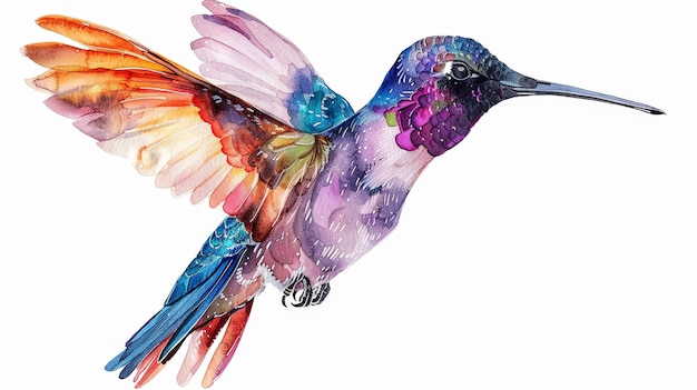 Colibri vívido pássaro exótico voando desenho pintado em estilo aquarela isolado