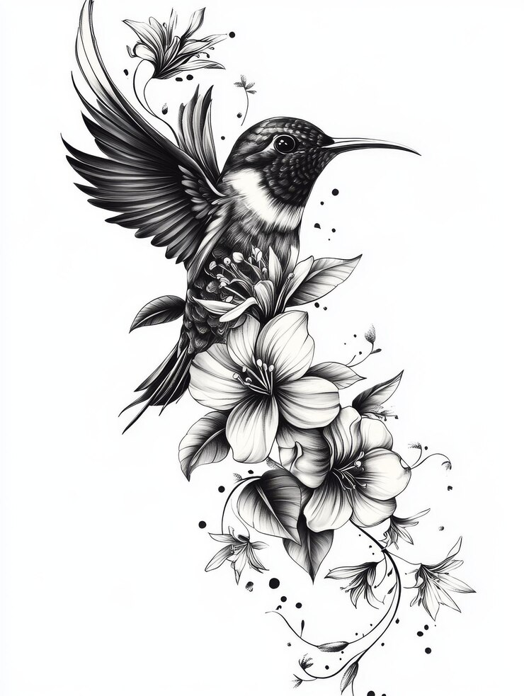 Foto colibri voando com flores