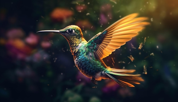 Colibri voando cores vibrantes beleza da natureza penas iridescentes pássaro pequeno gerado por inteligência artificial