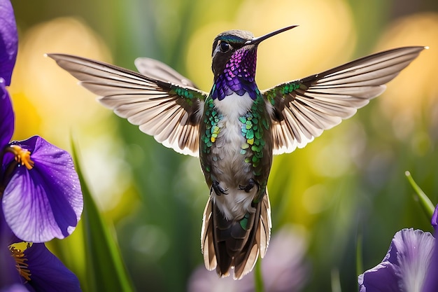 colibri voando em um habitat natural de madeira tropical flor vermelha orelha verde violeta