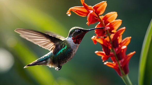 colibri voando em um habitat natural de madeira tropical flor vermelha verde orelha violeta floresta verde