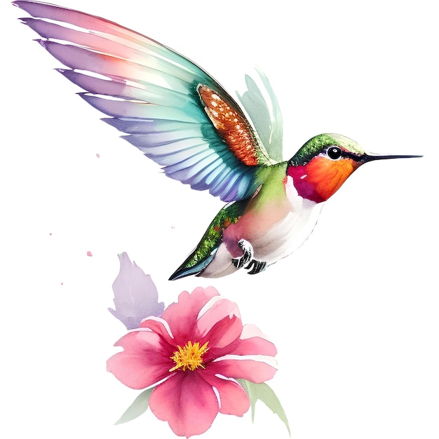 Foto colibrí volador aislado en fondo blanco pintura en acuarela