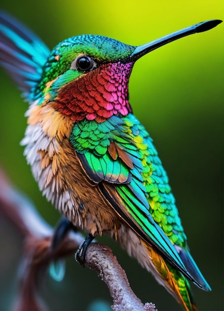 Foto colibrí volador con bosque verde en el fondo pequeño pájaro colorido en vuelo arte digital